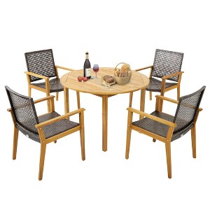 Tangkula 5 PCS Patio Dining Set Round Acacia Wood Table 4 Wicker Armchairs Outdoor Garden - 1 of 4
