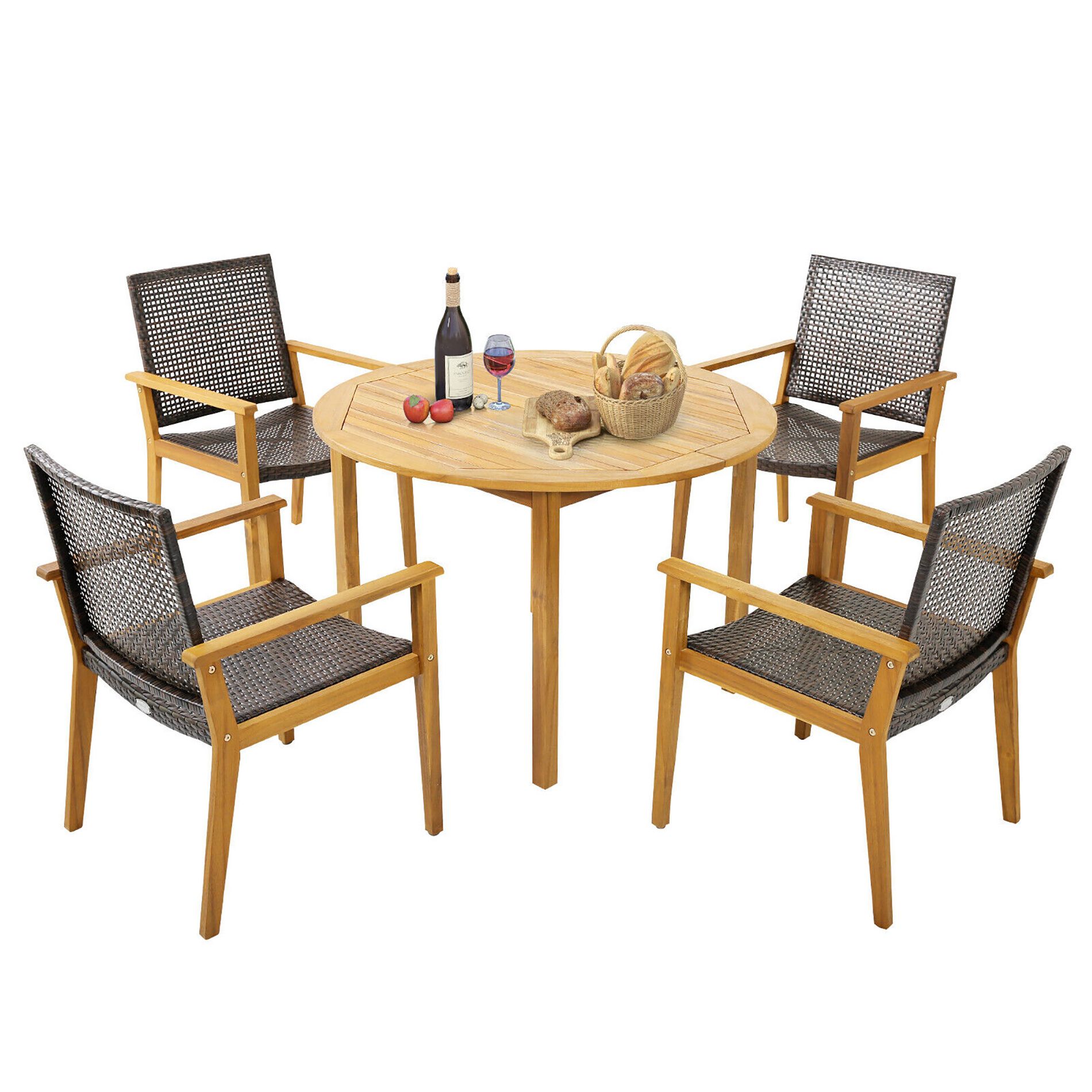 Tangkula 5 PCS Patio Dining Set Round Acacia Wood Table 4 Wicker Armchairs Outdoor Garden