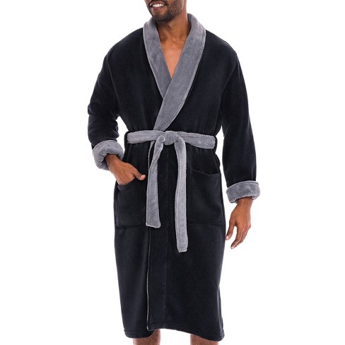 Men's Black Plush Soft Warm Fleece Bathrobe with Hood, Comfy Men's Robe
