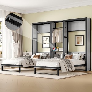 TIRAMISUBEST 2-in-1 Twin/Twin Murphy Bed, Folding Bed Frame Set with Clothes Hanging Rods, Storage Shelves & Charging Station - 1 of 4