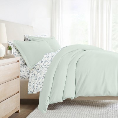 8PC Complete Bedding, Solid Duvet Cover, White Comforter and Patterned Sheet Set - Becky Cameron