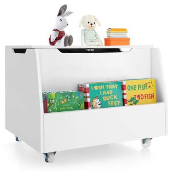 Tangkula Kids Toy Box Wooden Storage Chest Bench w/ Bookshelf Wheels Safety Hinge Lid
