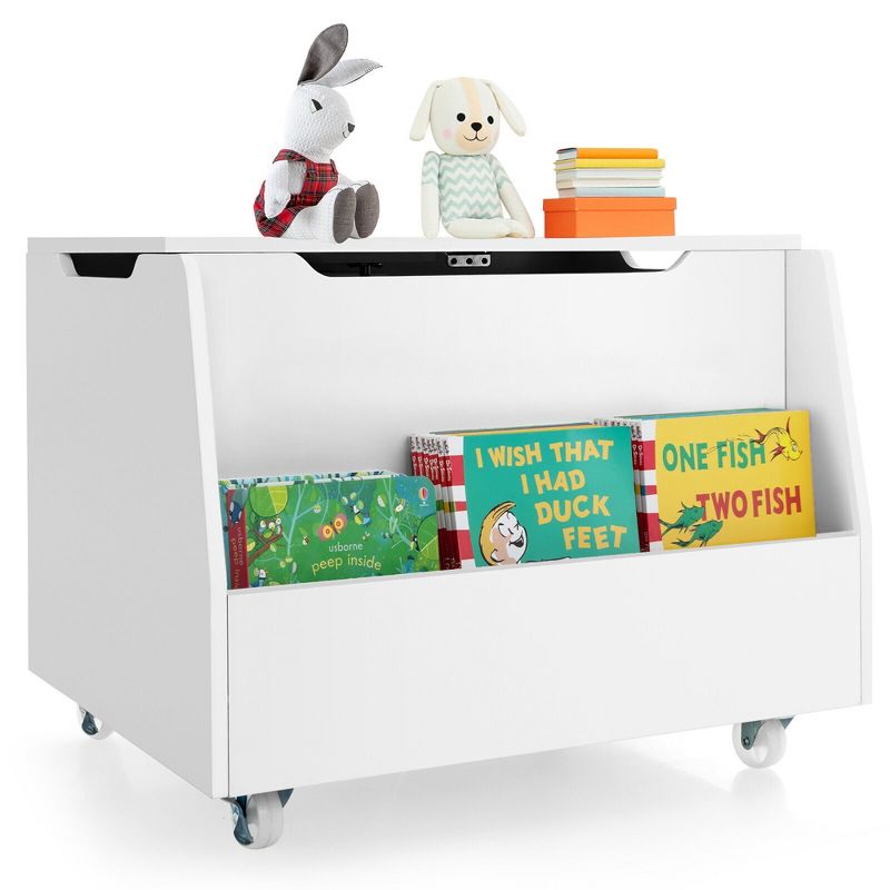 Tangkula Kids Toy Box Wooden Storage Chest Bench w/ Bookshelf Wheels Safety Hinge Lid, 1 of 11
