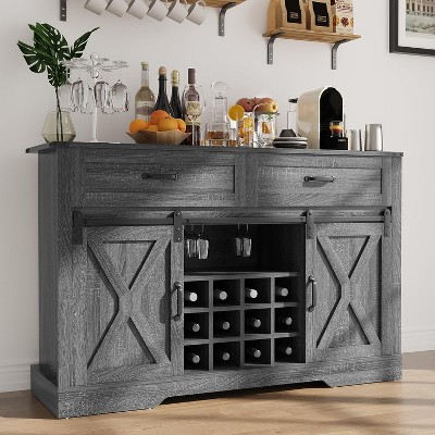 Heynemo Farmhouse Buffet Cabinet with Storage, Sliding Barn Door, Wine & Glass Rack, Storage Shelves, for Kitchen, Dining Room