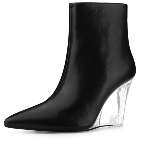 Allegra K Women s Pointed Toe Side Zipper Clear Wedge Heels Ankle Boots Black 6