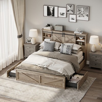 ALEXOUN King Size Farmhouse Bed Frame with Storage Bookcase Headboard,2 Storage Drawers, Country Rustic Bed Frame with Sliding Headboard Cabinet Door