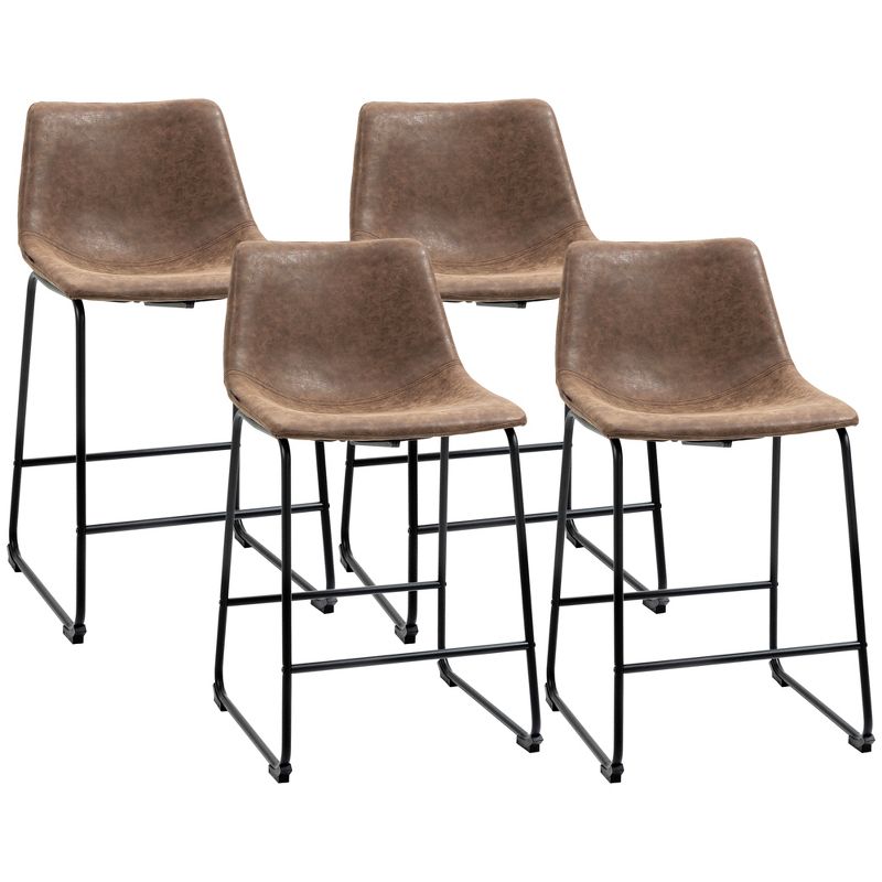 HOMCOM Counter Height Bar Stools Set of 4, Vintage PU Leather Barstools with Footrest for Dining Room, Home Bar, Kitchen, Brown, 1 of 7