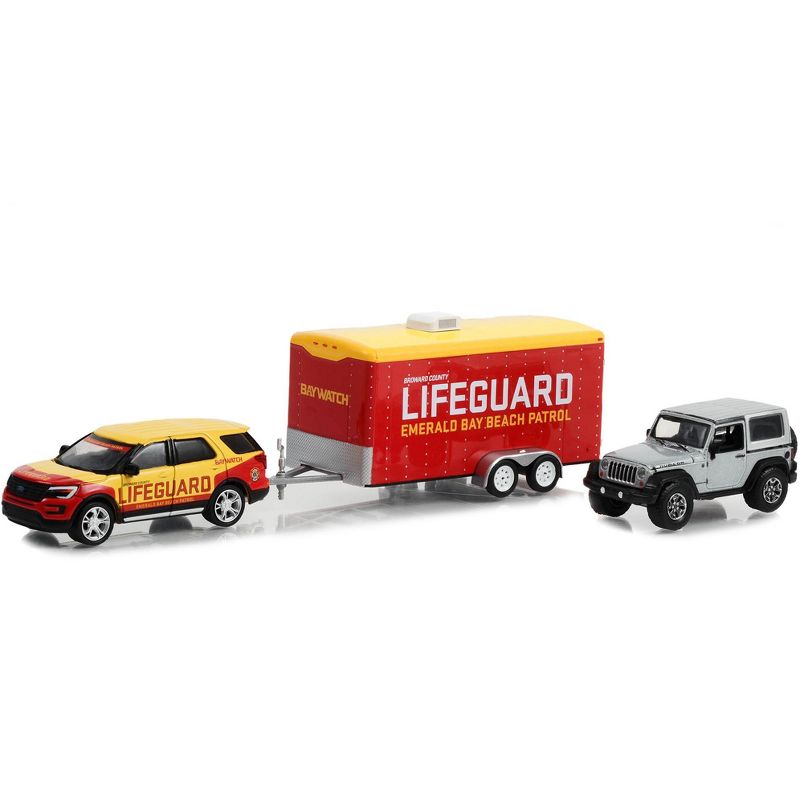 2016 Ford Explorer Yellow & Red w/2013 Jeep Wrangler Rubicon Gray & Hauler "Baywatch" 2017 1/64 Diecast Model Cars by Greenlight, 2 of 4