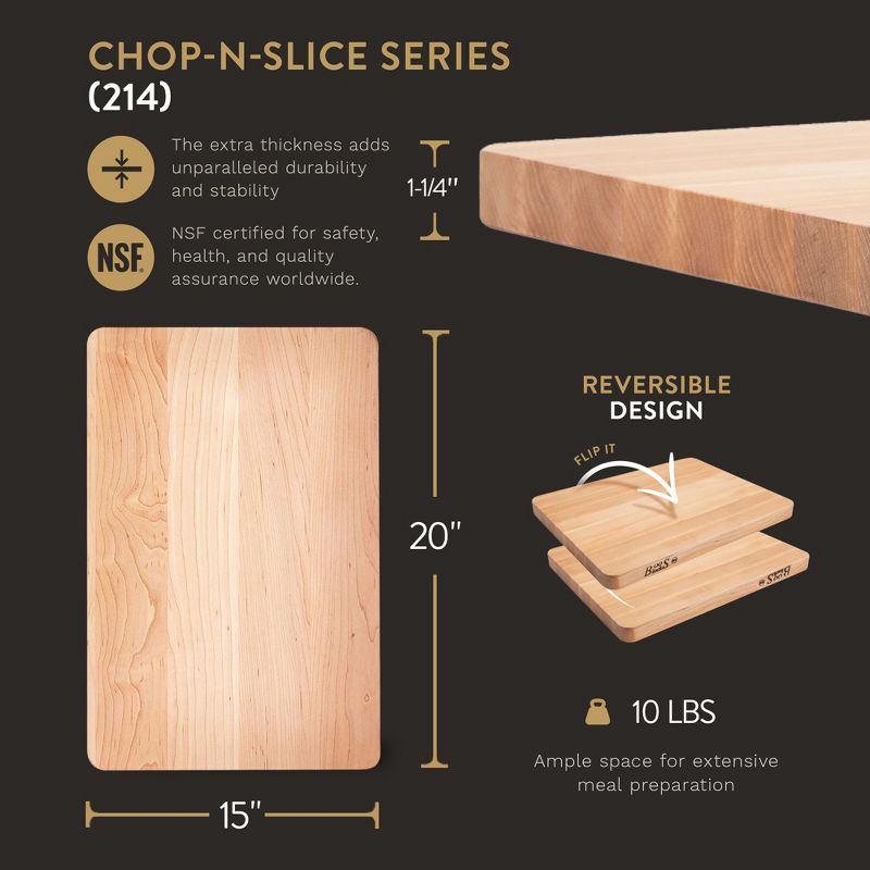 John Boos Small Chop-N-Slice Maple Wood Cutting Board for Kitchen, Reversible Edge Grain Square Butcher Boos Block, 2 of 7