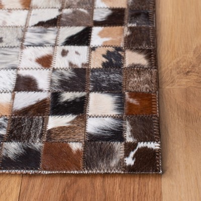 Hand-Stitched Beige & Brown Geometric Cowhide Runner Rug - 2'3" x 7'