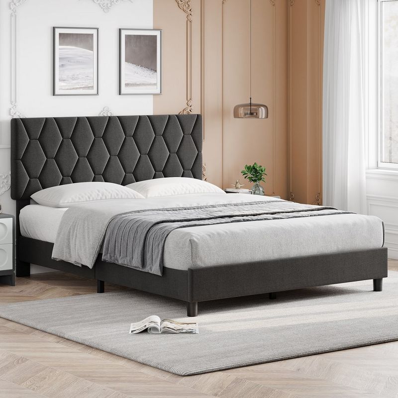 Whizmax Bed Frame Upholstered Platform with Headboard and Strong Wooden Slats, Non-Slip and Noise-Free,No Box Spring Needed, Easy Assembly, Gray, 2 of 9