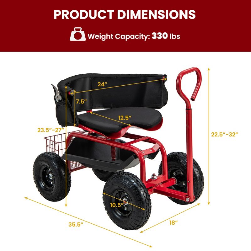 Costway Rolling Garden Cart Height Adjustable Scooter with Swivel Seat & Tool Storage, 3 of 11