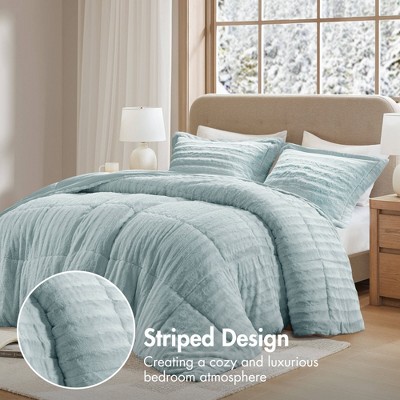 Madison Park Solid Color Faux Fur Ribbed Comforter Set, Elegant Box Quilting Design Luxury Style Bedding Set, Aqua, King/Cal King — фото 4