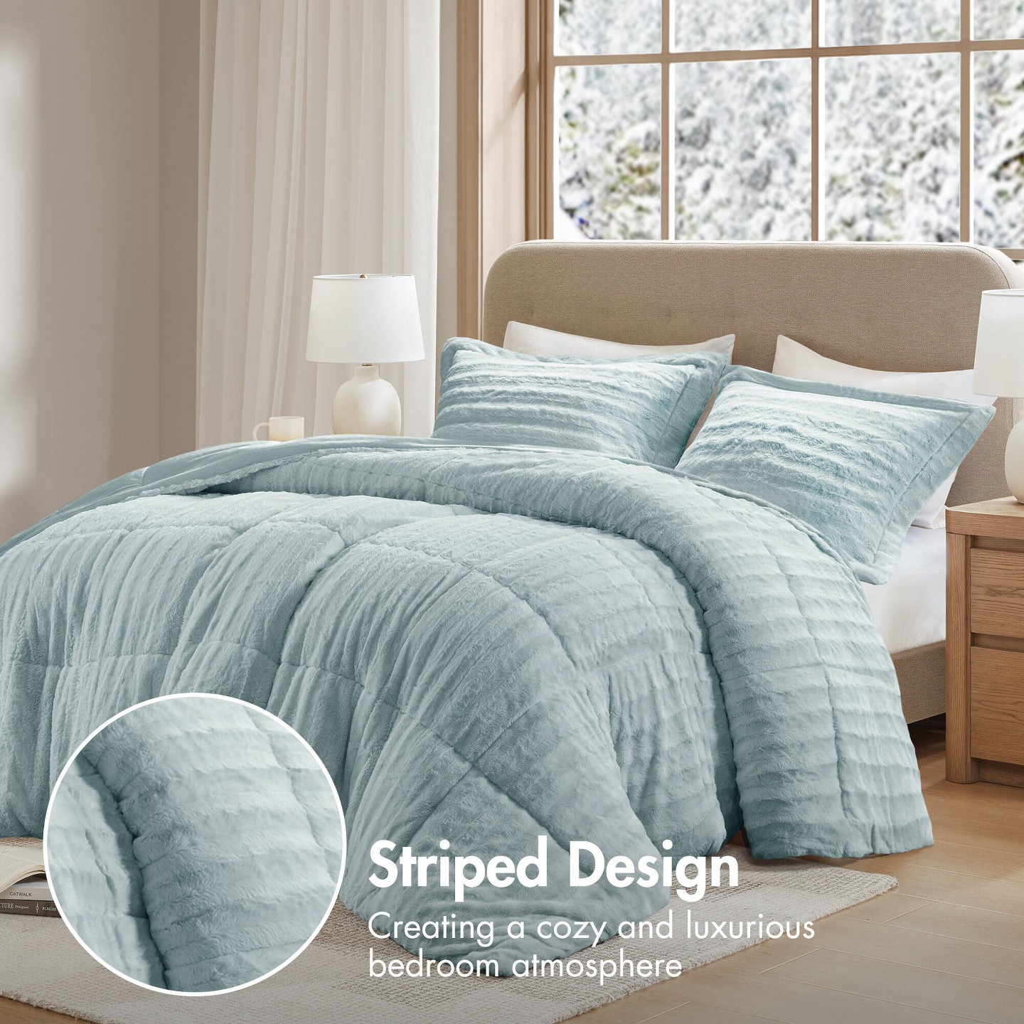 Постельное бельё Madison Park Solid Color Faux Fur Ribbed Comforter Set, Elegant Box Quilting Design Luxury Style Bedding Set, Aqua — фото 4