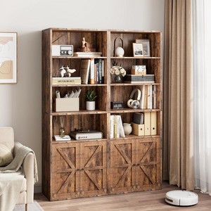 71.4" Tall Bookcase, Industrial Large Bookcase with Doors, Freestanding Farmhouse Bookshelf with Storage Shelves, Home Storage Furniture, Brown - 1 of 4
