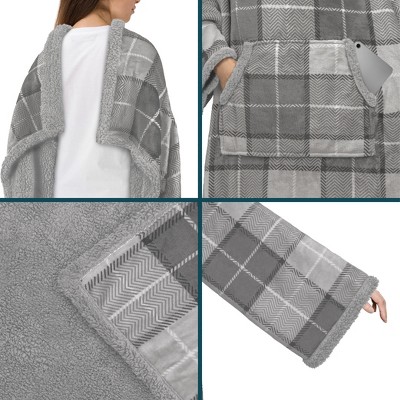 Plaid Light Gray Sherpa Fleece Wearable Blanket with Sleeves