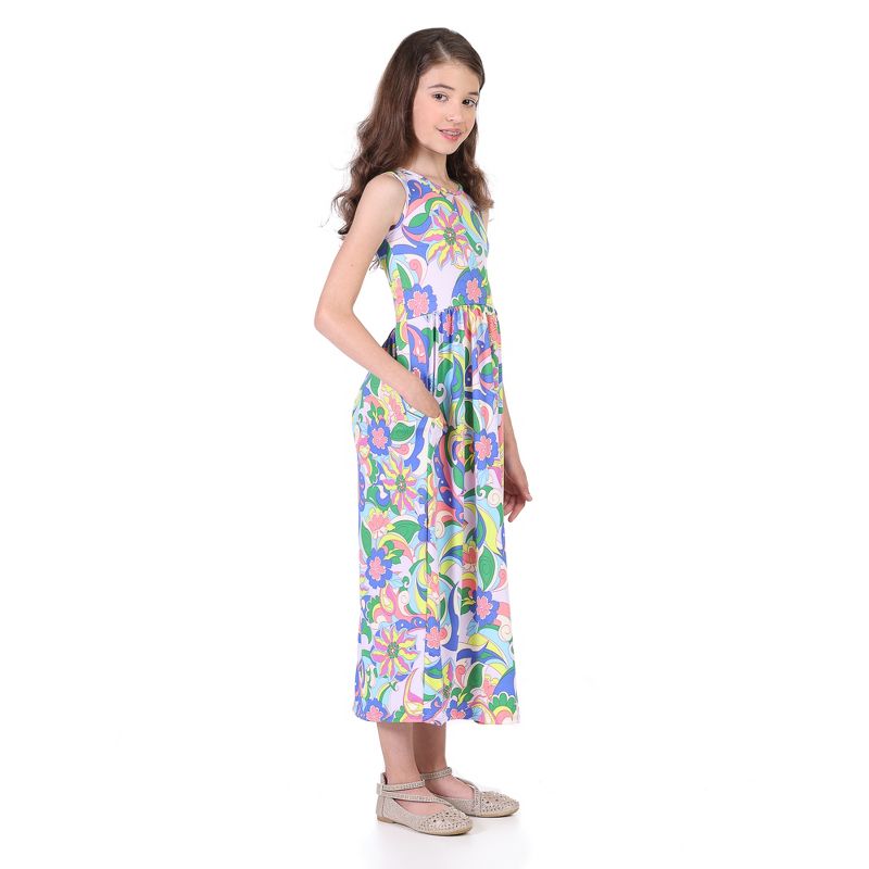 24seven Comfort Apparel Pastel Floral Print Sleeveless Girls Pocket Maxi Dress, 2 of 5