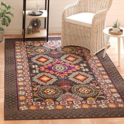 Large Rectangular Red and Brown Boho-Chic Synthetic Area Rug