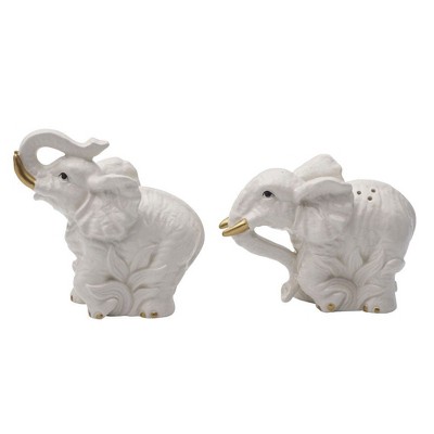 White Ceramic Elephant Salt and Pepper Shaker Set with Gold Accents