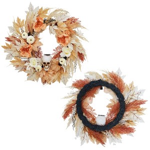 coucheta 24 Inch Halloween Wreath, Halloween Door Wreath with Lights, Artificial Halloween skul Wreath - 1 of 4