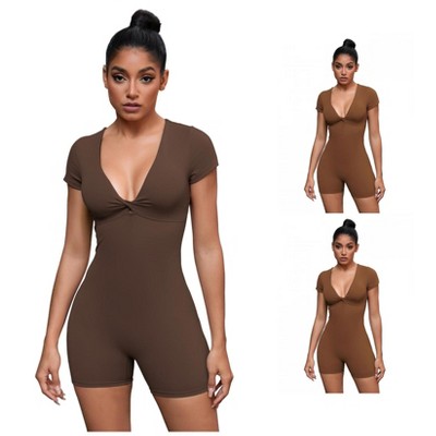 INSPIRE CHIC 3 Pcs Women's Cross Front Tummy Control Slimming Short Sleeve Body Shapers 2 Caramel 1 Dark Brown Large