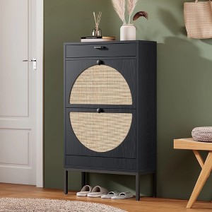 Brafabhome Narrow Shoe Storage Cabinet with 2 Flip Drawers, Rattan Floor Shoe Holder with Shelves & Sturdy Metal Legs for Entryway | 12 Pairs - 1 of 4