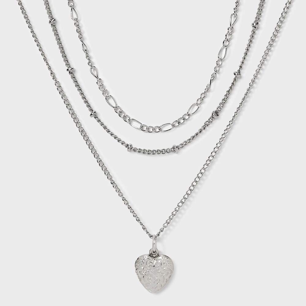 Girls' 3pk Rhodium Necklace Set with Heart Locket Charm - art class™ Silver
