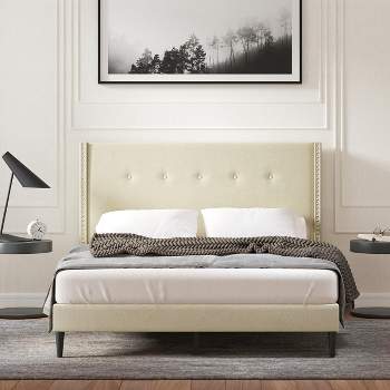 Glenwillow Home MCM Upholstered Platform Bed, Nailhead Trim Button Tufted MCM Wingback, Mattress Foundation, No Box Spring Needed, Beige, Queen