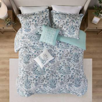 5pc Miley Seersucker Duvet Cover Set with Throw Pillows Blue - Madison Park