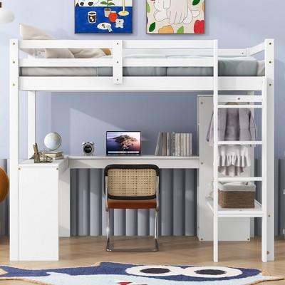 PAGED Twin Size Loft Bed with L-Shaped Desk Simple Modern Wooden Bed Frame with Shelves, Wardrobe and Ladder for Bedroom