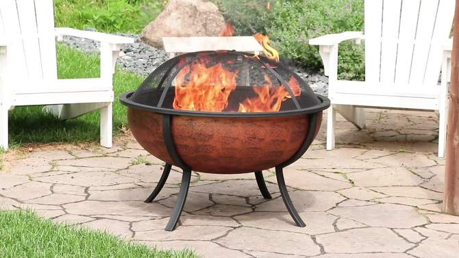 Sunnydaze Outdoor Portable Camping or Backyard Large Round Fire Pit Bowl with Spark Screen, Wood Grate, and Log Poker - 32" - Copper Finish, 2 of 13, play video
