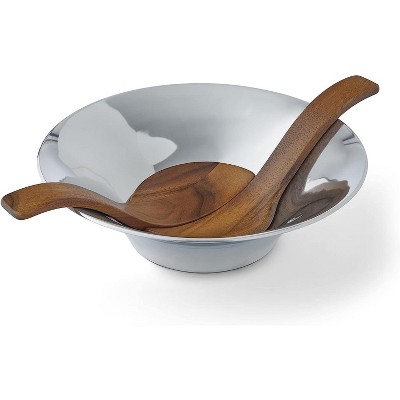 Nambe Chillable Metal Alloy Salad Bowl with Servers, Large Chilled Serving Bowl with Utensils for Parties, Refrigerate to Keep Food Cold,