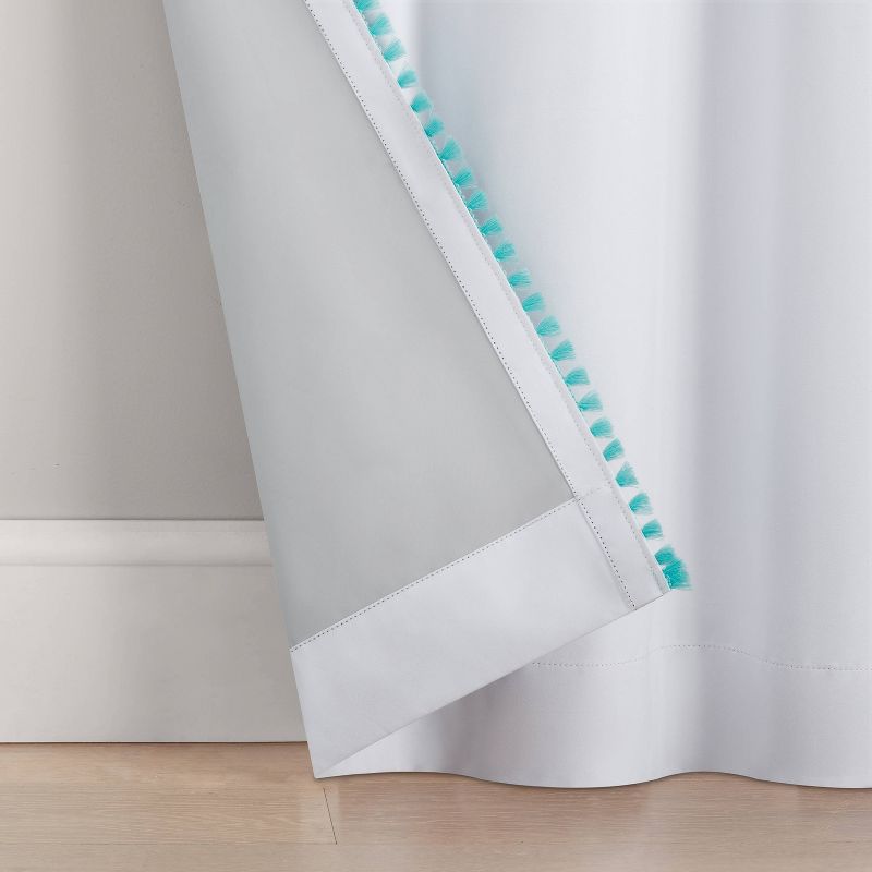 Kids' 100% Blackout Tassel Border Curtain Panel with Rod Pocket White/Teal Blue - Eclipse, 4 of 9