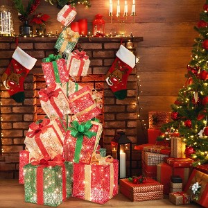 Costway 15 Stacked Pre-Lit Gift Box Tower 67'' Lighted Present Decoration with 450 Lights - 1 of 4