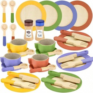 Wooden Dishes, Plates, Tea Cups Kitchen SetCooking Toys, Birthday Gift,presented in 4 different beautiful brightly colors - 1 of 3
