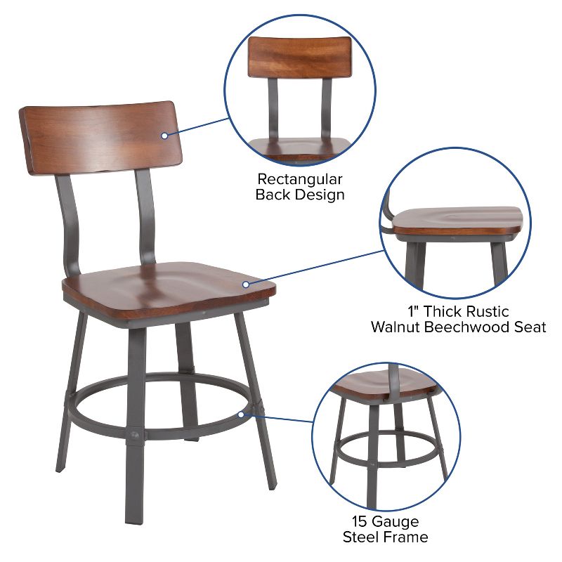 Flash Furniture Flint Series Rustic Walnut Restaurant Chair with Wood Seat & Back and Gray Powder Coat Frame, 4 of 12