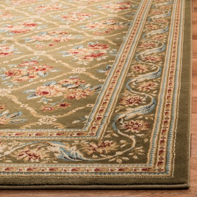 Green Floral Border Hand-Knotted Synthetic Area Rug