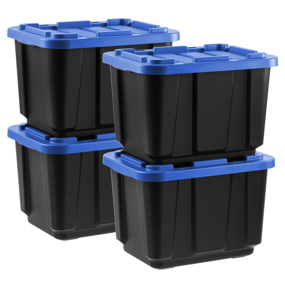 IRIS 12gal Stackable Storage Totes with Lids Black Blue 4pk