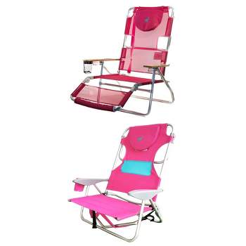 Ostrich Altitude 3-in-1 16-Inch Tall Reclining Chair & Ladies Comfort On-Your-Back Beach Chair w/Storage Bag, Carry/Backpack Straps & Cup Holder, Pink