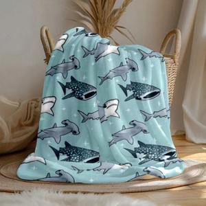 Lomsoe Flannel Blanket Contemporary Shark & Whale Marine Design, Soft Blue Animal Theme Christmas Gift. - 1 of 4