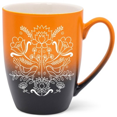 Elanze Designs Damask Threaded Floral Birds Two Toned Ombre Matte Orange and Black 12 ounce Ceramic Stoneware Coffee Cup Mug