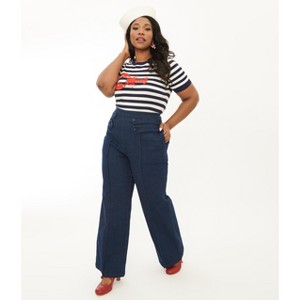 Unique Vintage Women's Plus High Waist Wide Leg Tab Pants Denim - 1 of 3