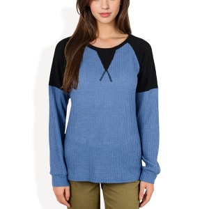 Anna-Kaci Women's Long Sleeve Waffle Knit Top with Raglan Color Block Sleeves and Crew Neck - 1 of 4