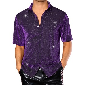 INSPIRE CHIC Men's Short Sleeve Point Collar Party Glitter Sheer Mesh Shirts - 1 of 4