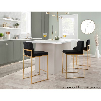 Fuji Gold Steel and Black Velvet High Back Counter Stool - Set of 2