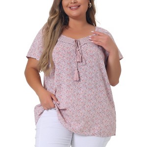 Agnes Orinda Women's Plus Size Floral Short Sleeve Beach Square Hollow Tassel Tie Neck Peasant Tops - 1 of 4