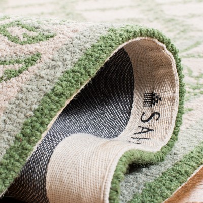 Ivory and Light Green Hand-Knotted Wool Floral Runner Rug