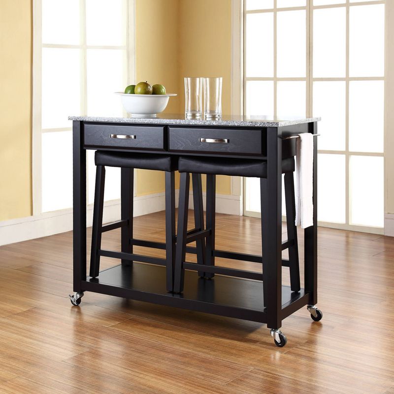 Gray Granite Top Kitchen Prep Cart with 2 Upholstered Saddle Stools - Crosley, 4 of 12