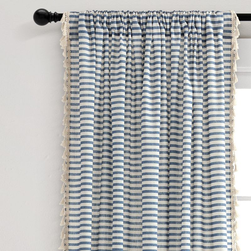 Boho Coastal Horizontal Ticking Stripe Tassel Window Curtain Panels Blue 52X84 Set, 2 of 6