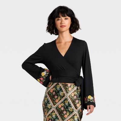 Latino Heritage Month Women's Long Sleeve V-Neck Knit Wrap Top - Black Floral